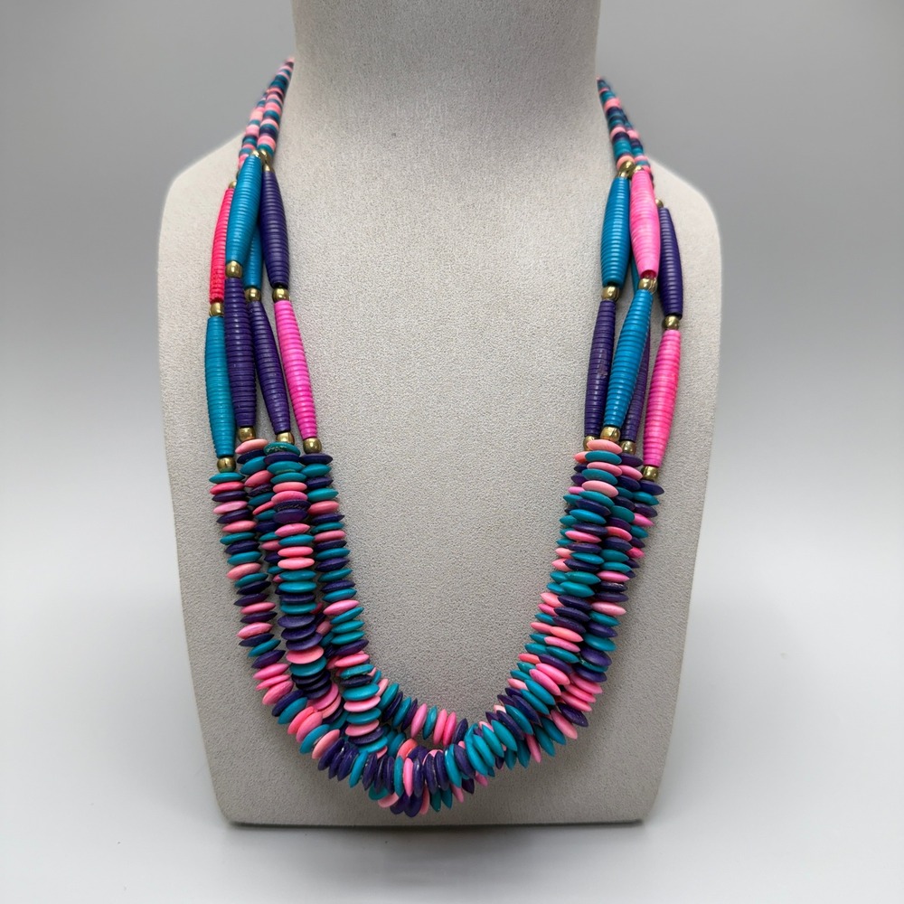VTG Pink Purple 80s Multi Strand Acrylic Bead Necklace 23" Boho Lagenlook Summer
